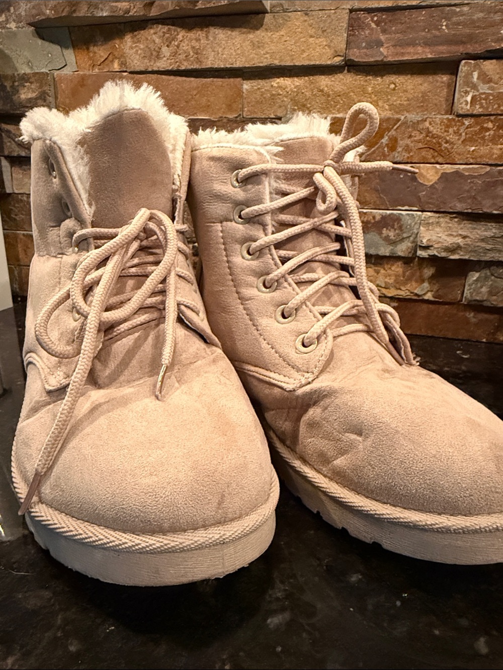Women’s Faux-Suede Lace-Up Ankle Boots in Beige